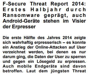 F-Secure Threat Report 2014: Erstes Halbjahr durch Ransomware geprägt
