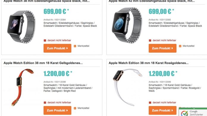 Die Preise für die Apple Watch stehen beim Etailer Getgoods bereits fest (Q: Screenshot Getgoods)