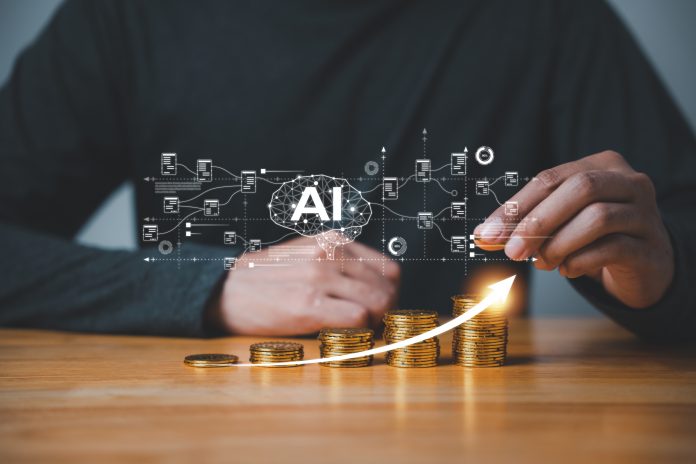 AI drives money and fintech as a hand stacks gold coins showing financial technology stock chart and investment toward a brighter ai future with upward growth shown by the arrow